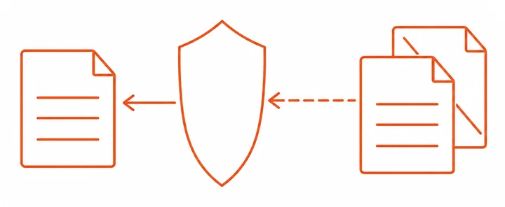 שתי חשבוניות זהות מימין, אחת מהן מחוקה בקו אלכסוני, והחץ נעצר במגן. רק דף אחד ממשיך שמאלה.